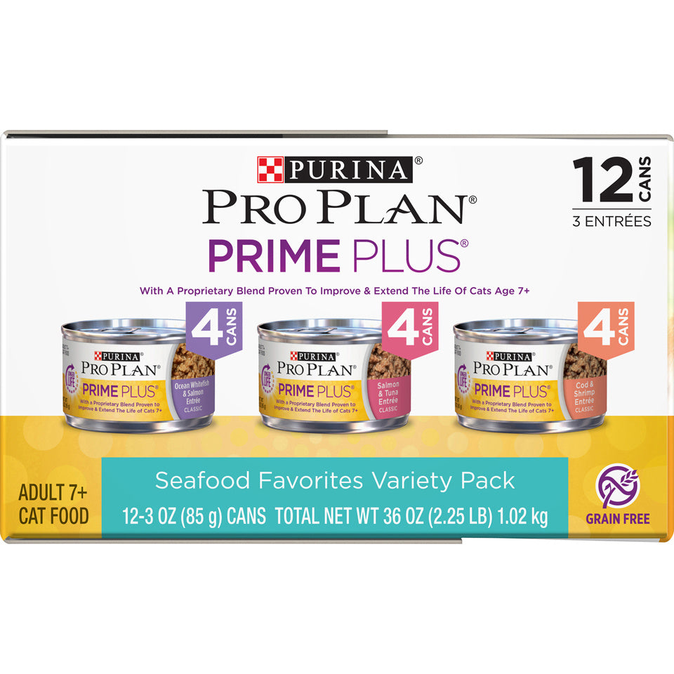 Purina Pro Plan Grain-Free Senior Pate Prime Plus Seafood Favorites Wet Cat Food Variety Pack