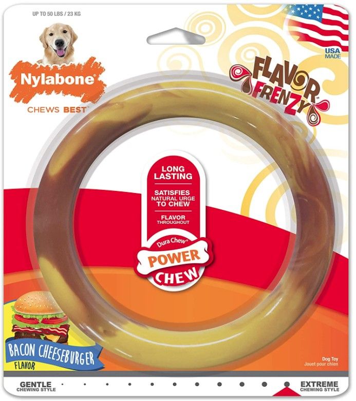 Nylabone Power Chew Ring Dog Toy Bacon Cheeseburger Flavor Large
