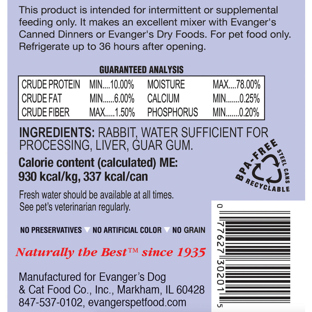 Evanger's Grain Free Rabbit  Canned Dog and Cat Food