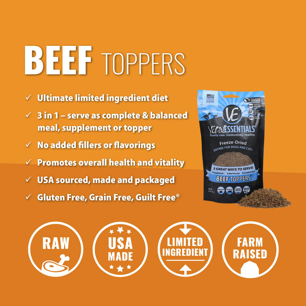 Vital Essentials Freeze Dried Beef Toppers for Cats and Dogs Food