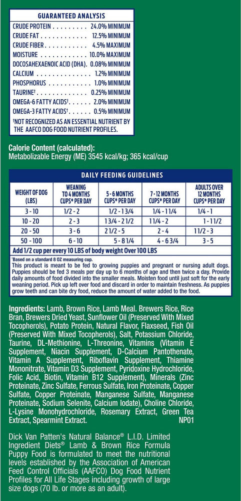 Natural Balance Limited Ingredient Lamb & Brown Rice Puppy Recipe Dry Dog Food