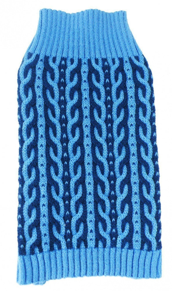 Pet Life Harmonious Dual Color Aqua Blue & Dark Blue Weaved Heavy Cable Knitted Dog Sweater