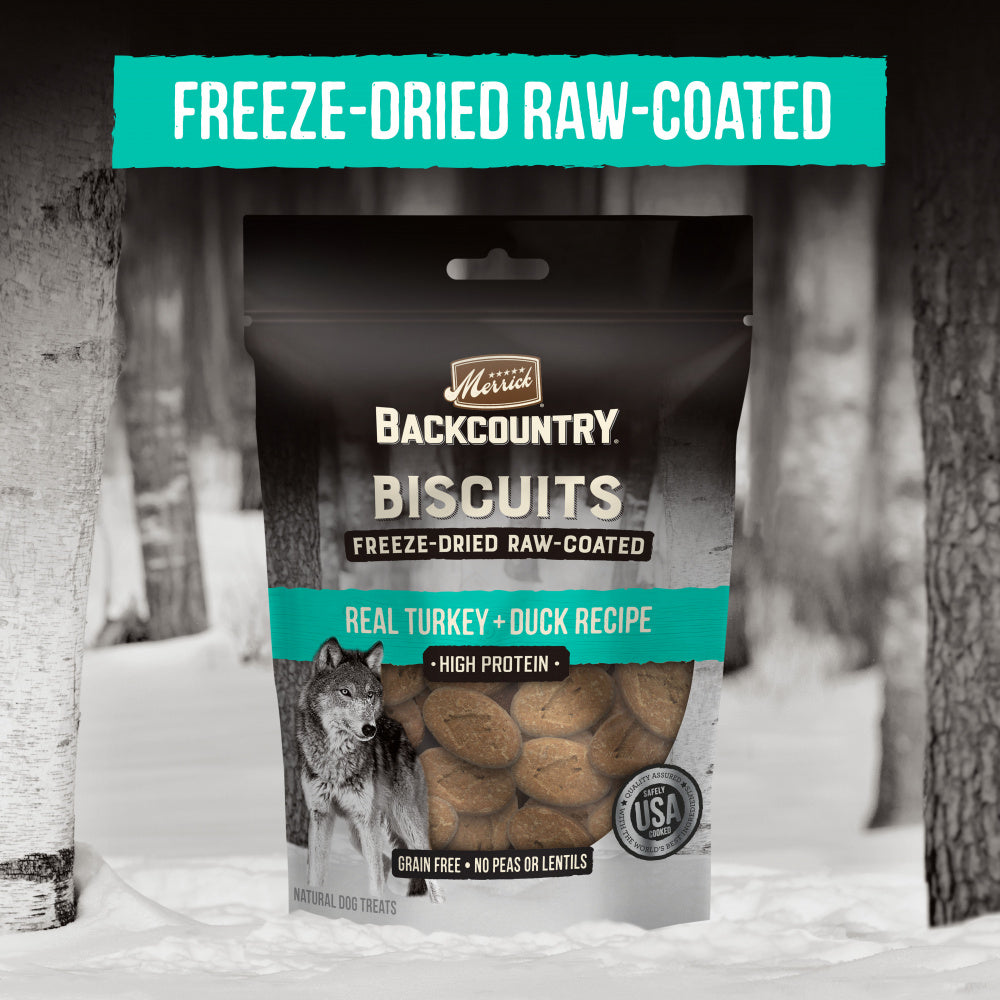 Merrick Backcountry Grain Free Turkey & Duck Recipe Freeze Dried Raw Coated Biscuit Dog Treats