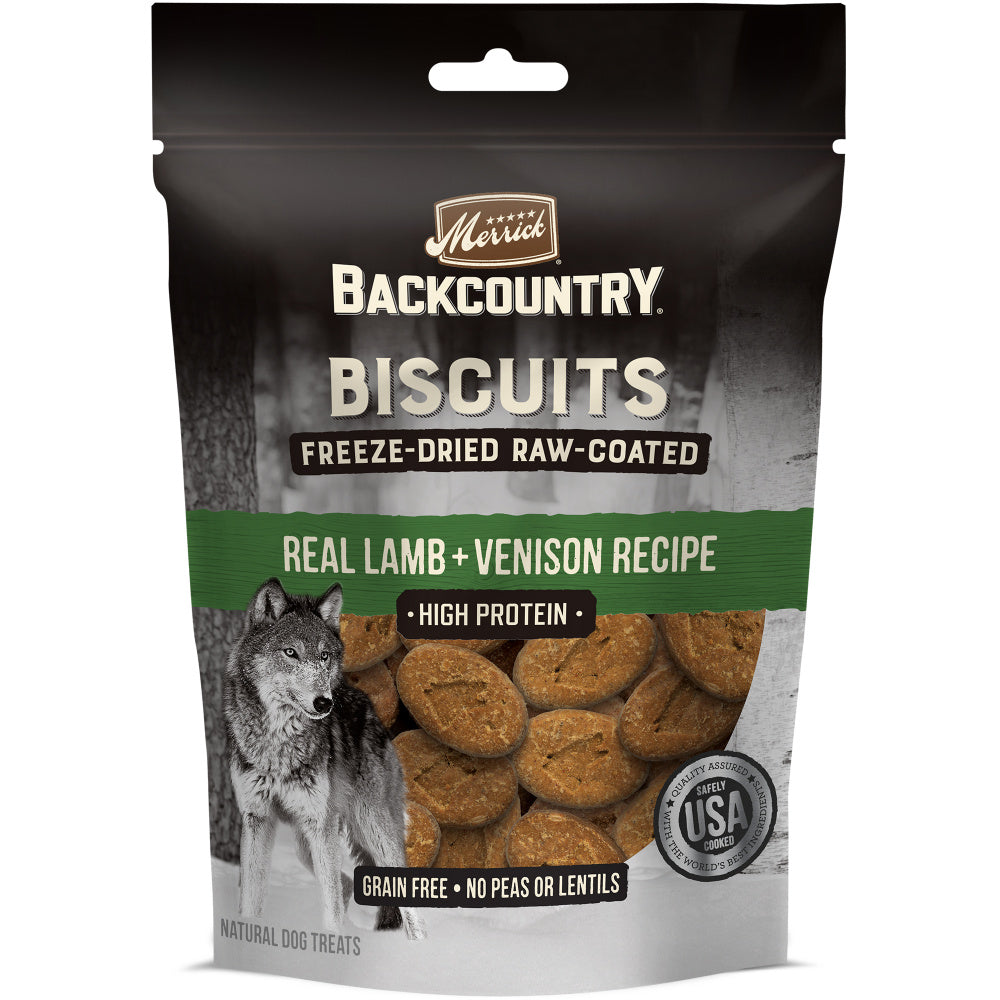 Merrick Backcountry Grain Free Lamb & Venison Recipe Freeze Dried Raw Coated Biscuit Dog Treats