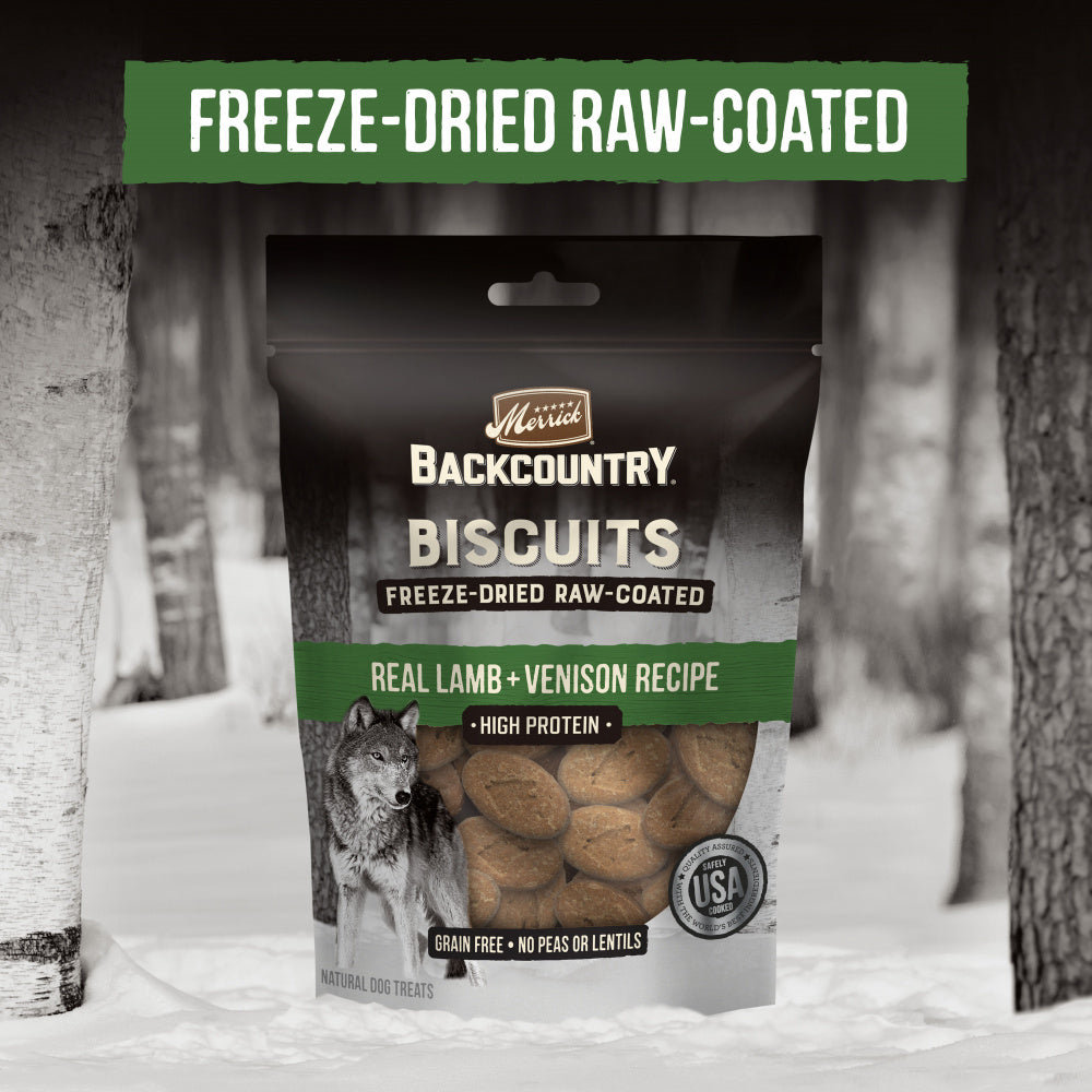 Merrick Backcountry Grain Free Lamb & Venison Recipe Freeze Dried Raw Coated Biscuit Dog Treats