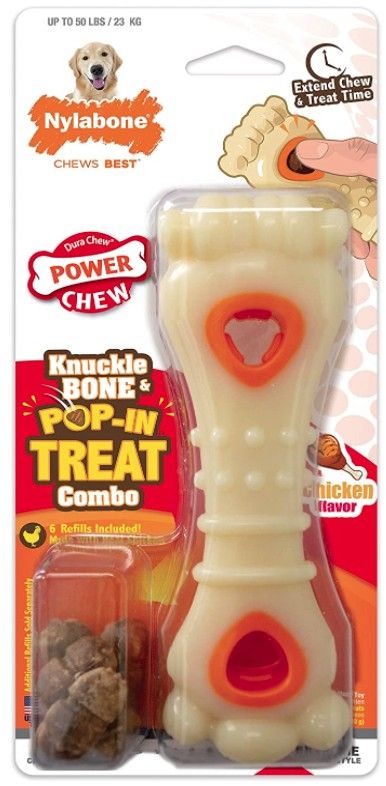 Nylabone Power Chew Knuckle Bone and Pop-In Treat Toy Combo Chicken Flavor